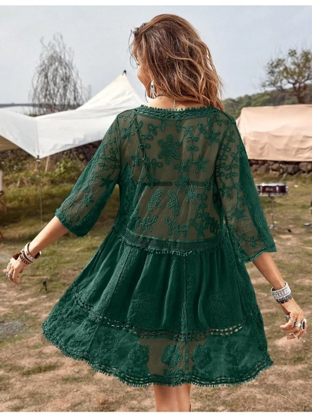 Women's Dark Green Rayon V-Neck Coverup Mesh Lace Bathing Suit Swimsuit Coverup